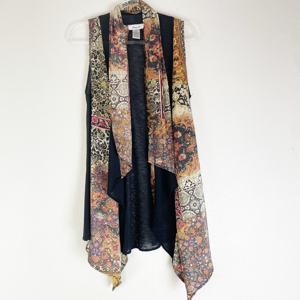Anis A Flowy Vest Small Black Sheer Floral Boho‎ Artsy Funky Kimono Layering S